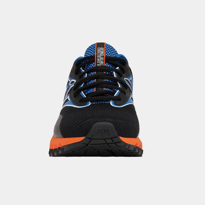 K-Swiss Tubes Sport running shoes in black with blue accents, orange outsole, and mesh upper, front view showing lace-up design.