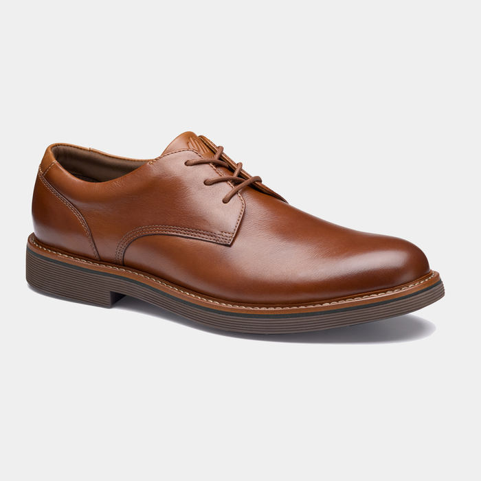 "Johnston & Murphy Tyson Plain Toe dress shoes in tan leather with a sleek plain-toe design and contrast welt stitching, angled side view"