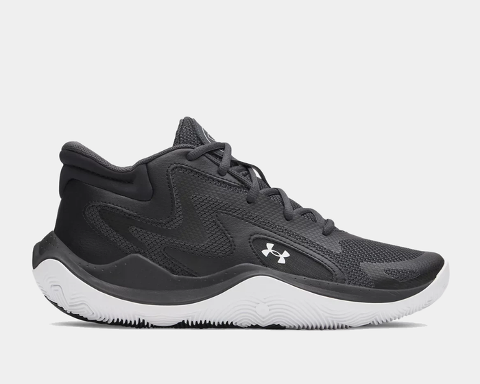Under Armour UA Jet '25 basketball shoes in black with mesh upper, synthetic overlays, and white outsole, side view.