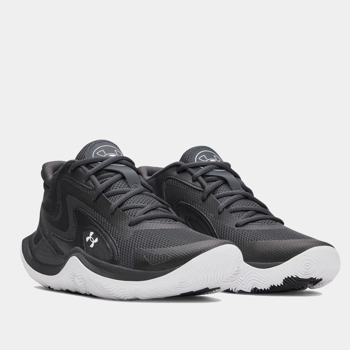 Under Armour UA Jet '25 basketball shoes in black with breathable mesh upper and white rubber outsole, front angled view.