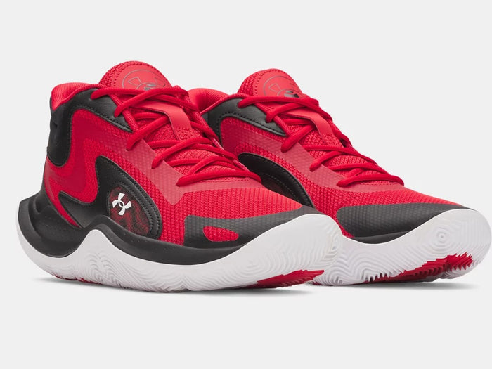 Under Armour UA Jet '25 basketball shoes in red and black with mesh upper and white rubber outsole, front angled view