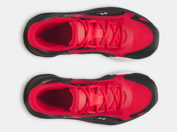 Under Armour UA Jet '25 basketball shoes in red and black with mesh upper and lace closure, top view.