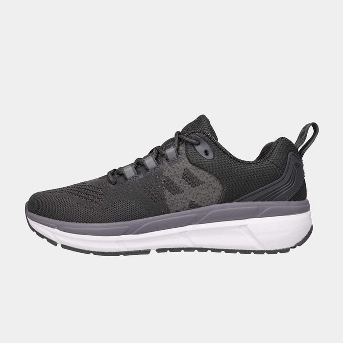 Propét Ultra 267 walking shoes in black with a breathable mesh upper, gray midsole detailing, and white cushioned outsole, side view.