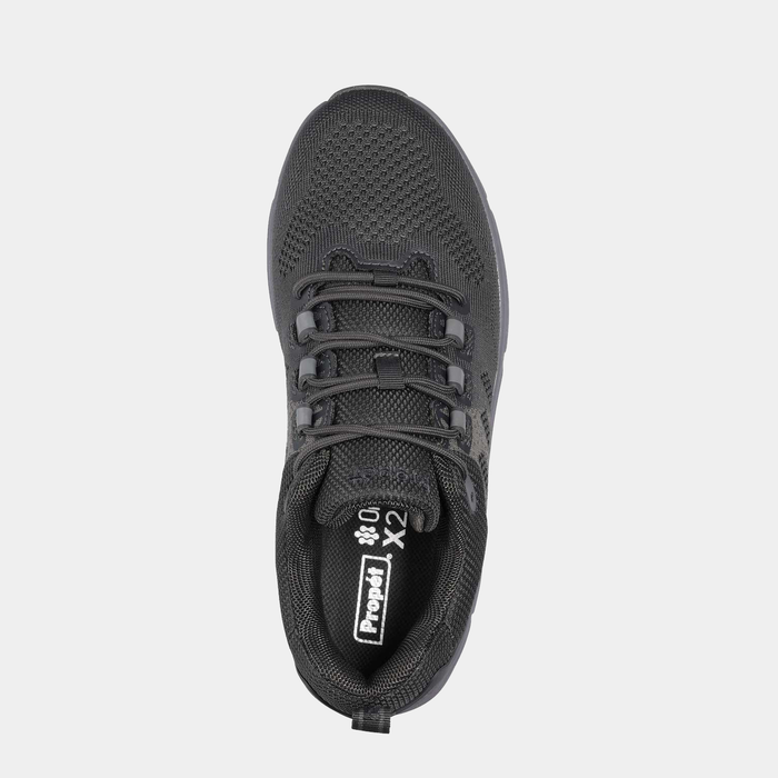 Propét Ultra 267 shoes in black with breathable mesh upper and lace-up design, top view showing insole branding.