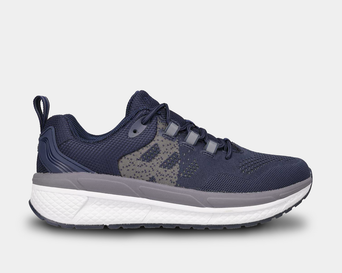 Propét Ultra 267 walking shoes in navy blue mesh upper with gray accents and cushioned white midsole, side view.
