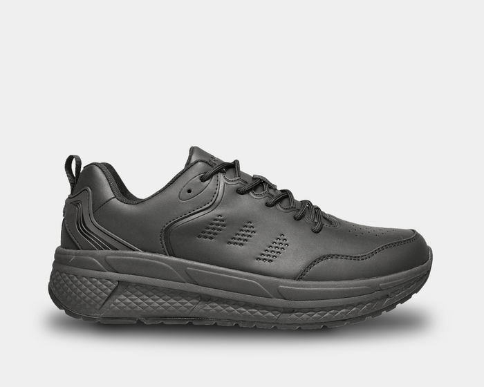Propét Ultra Work Sneaker in black featuring a leather upper with perforation details, cushioned midsole, and durable outsole, side view.