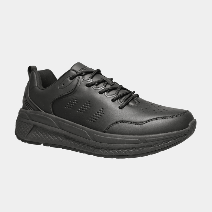 Propét Ultra Work Sneaker in black with perforated leather upper and cushioned outsole, angled side view.
