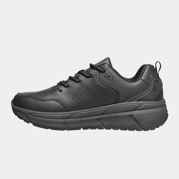 Propét Ultra Work Sneaker in black with perforated details, padded collar, and thick slip-resistant outsole, side view.
