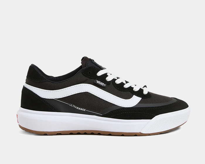 Vans Ultrarange 2.0 SE sneakers in black with white detailing, mesh and suede upper, and gum outsole, side view.
