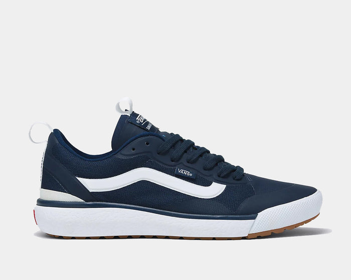 Vans Ultrarange Exo sneakers in navy blue mesh with white midsole, gum outsole, and signature side stripe, side view.
