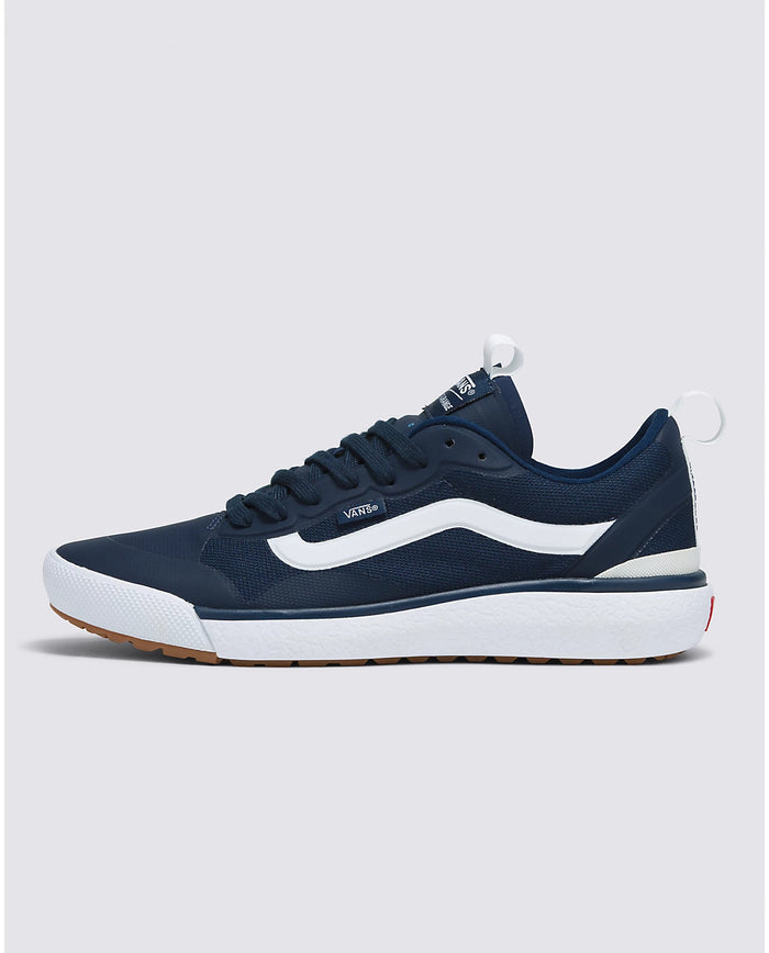 Vans Ultrarange Exo sneakers in navy blue with white detailing, mesh upper, and cushioned midsole, side view.