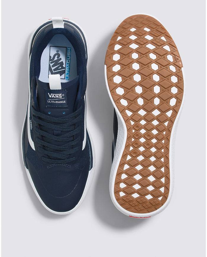 Vans Ultrarange Exo shoes with navy blue uppers, white midsoles, and gum rubber waffle treads, top and sole views.