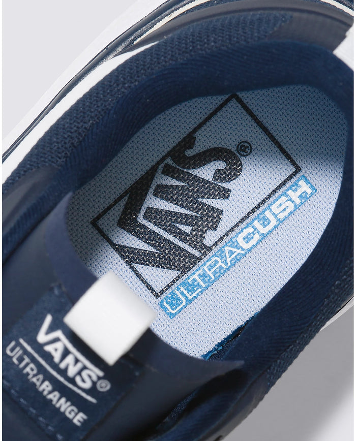 Vans Ultrarange Exo shoe interior with UltraCush insole in light blue and navy details.