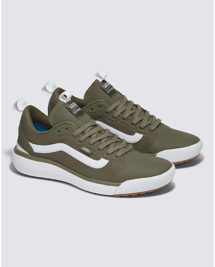 Vans Ultrarange Exo shoes in olive green with white side stripe, mesh panels, and gum sole, angled side view.