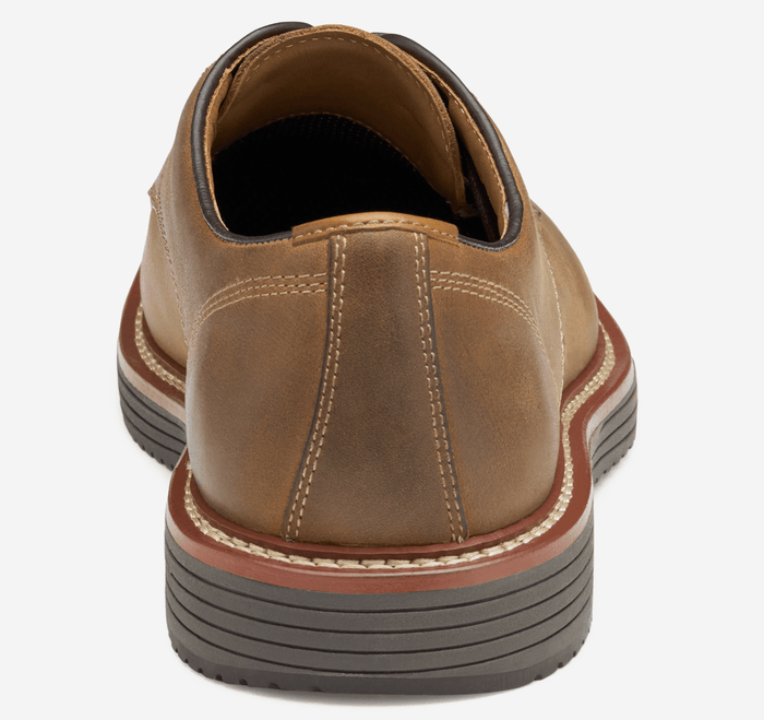 Johnston & Murphy Upton Plain Toe shoes in tan leather with contrast stitching and layered sole design, back view.