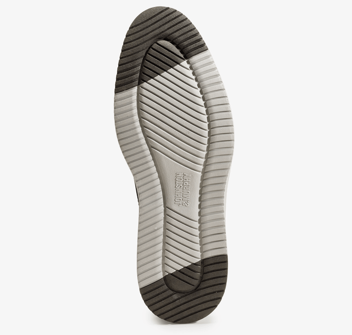 Johnston & Murphy Upton Plain Toe shoe outsole with textured tread pattern in gray and black rubber, bottom view.