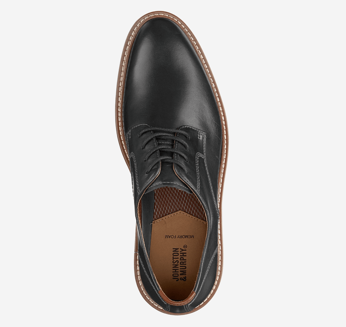 Johnston & Murphy Upton Plain Toe dress shoe in black leather with tan memory foam insole and brown stitched welt, top view.
