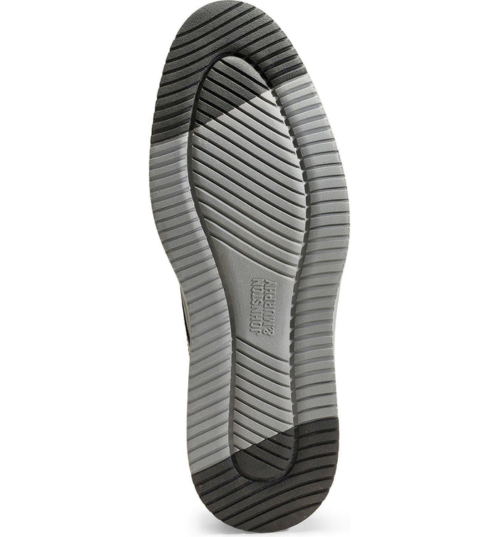 Johnston & Murphy Upton Wingtip shoe outsole with textured tread design and branding, bottom view in gray and black.