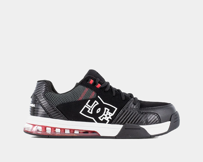 DC WorkCrew Versatile Work Comp Toe work shoes in black mesh and synthetic leather with white and red accents, side view showing reinforced toe and cushioned midsole.