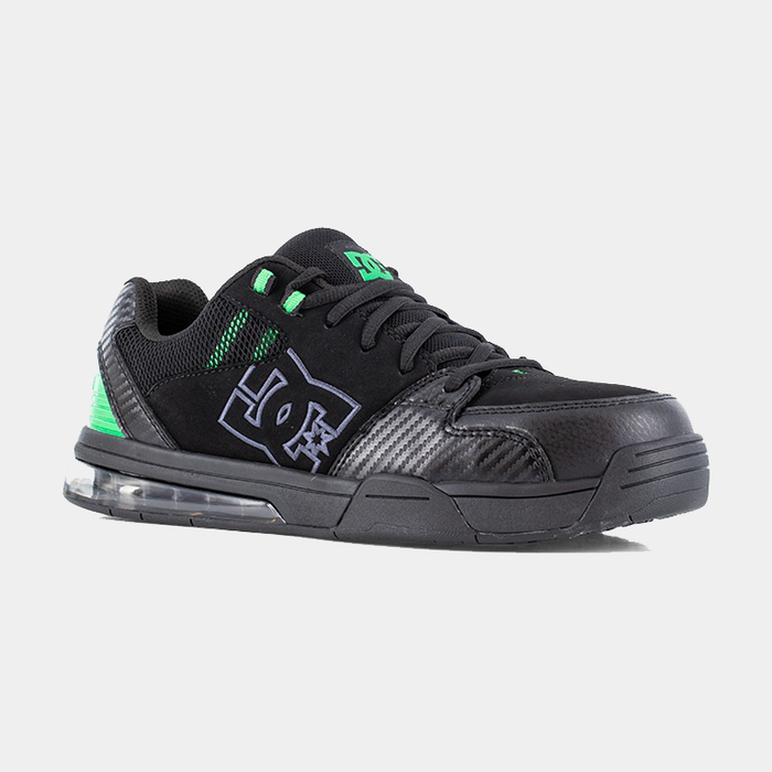 DC WorkCrew Versatile Work Comp Toe work shoes in black with green accents, composite toe, mesh panels, carbon fiber overlays, and padded collar, side view.