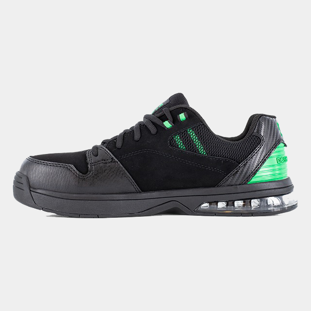 DC WorkCrew Versatile Work Comp Toe shoes in black with green accents, composite toe, and cushioned sole, side view.
