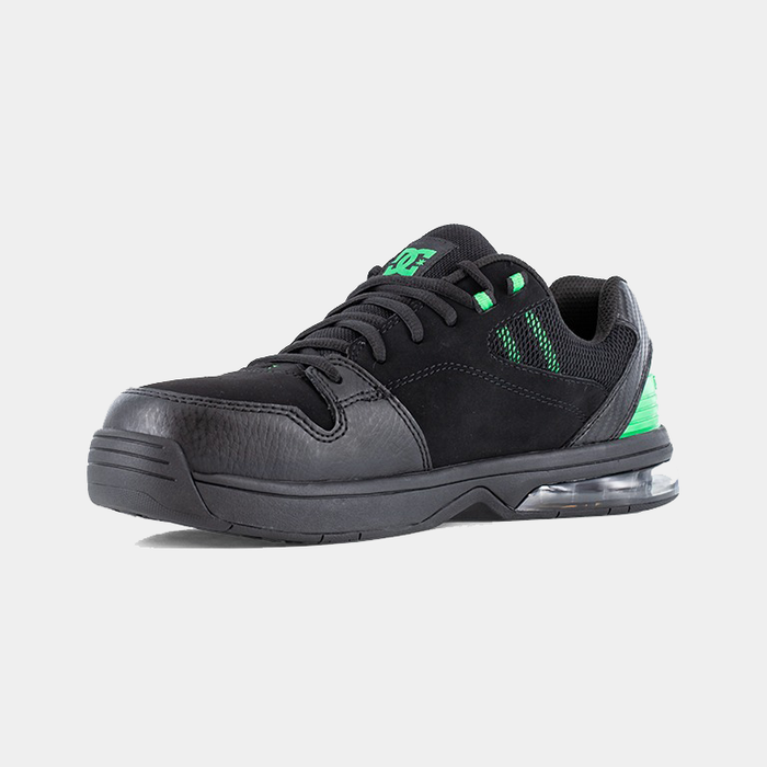 DC WorkCrew Versatile Work Comp Toe shoes in black with green accents, durable leather upper and mesh panels, front angled view.