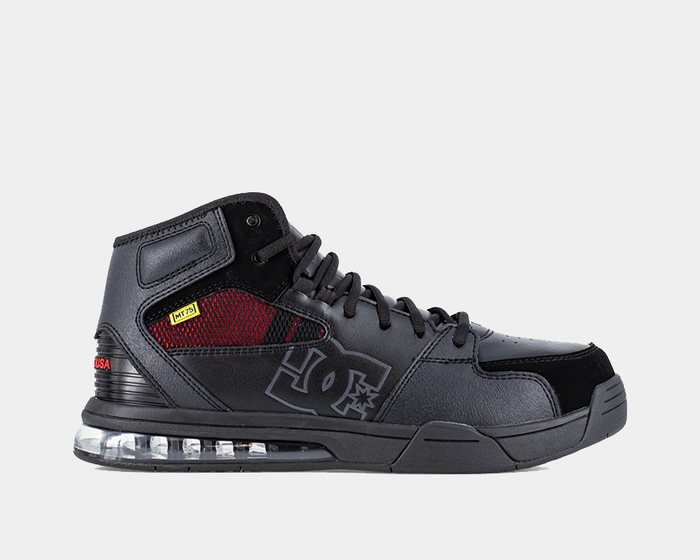 DC WorkCrew Versatile Work Hi Top Comp Toe shoes in black with red mesh accents, composite toe, and cushioned outsole, side view.