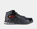 DC WorkCrew Versatile Work Hi Top Comp Toe shoes in black with red mesh accents, composite toe, and cushioned outsole, side view.