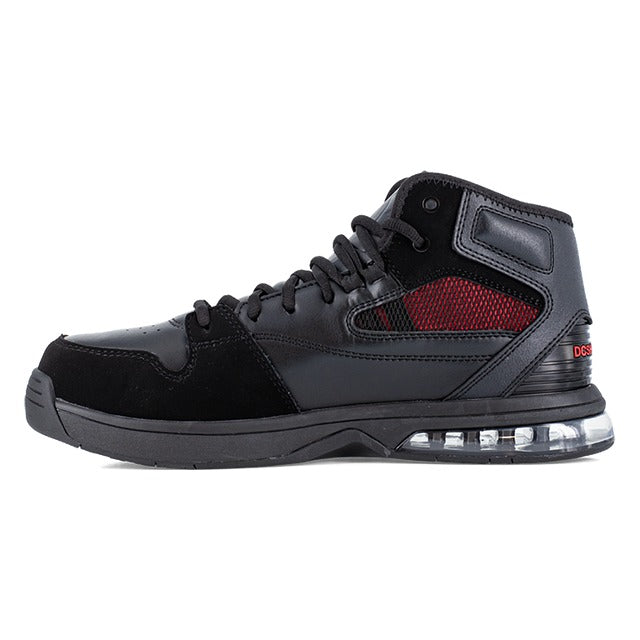 DC WorkCrew Versatile Work Hi Top Comp Toe work shoes in black with red mesh panel, composite toe protection, and cushioned sole, side view.