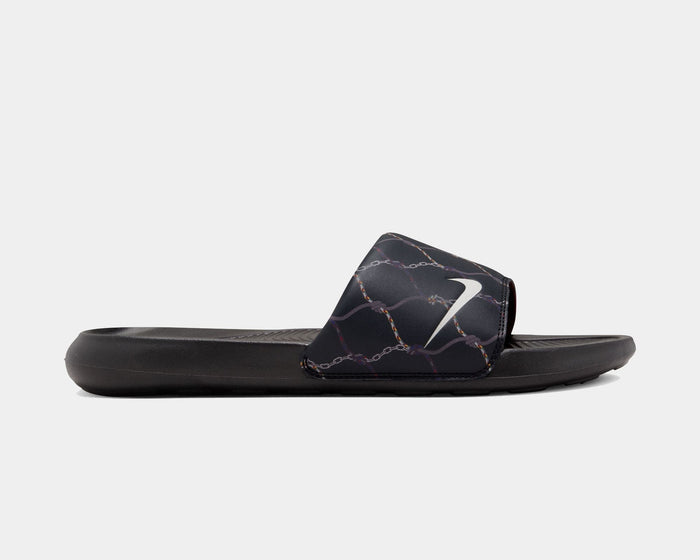 Nike Victori One Printed slide sandals in black with chain graphic design and white Swoosh logo, side view.