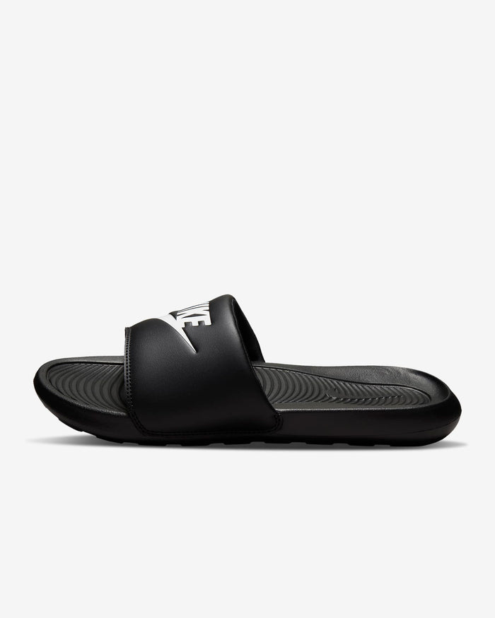 Black slide sandal with a brand logo on a light gray background