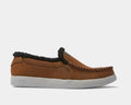 DC Footwear Villain 2 SE slip-on shoes in brown with moccasin stitching and black sherpa lining, side view.