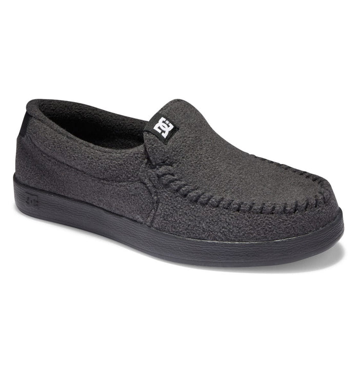 DC Footwear Villain 2 slip-on shoes in dark gray with moccasin stitching and textured upper, side view.