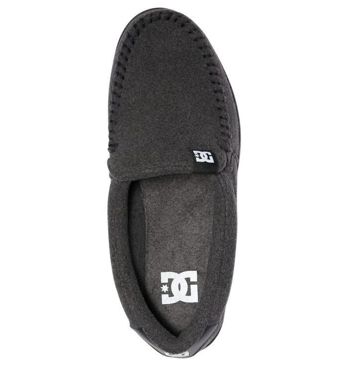 DC Footwear Villain 2 slip-on shoes in dark gray with moc-toe stitching and logo tab, top view.