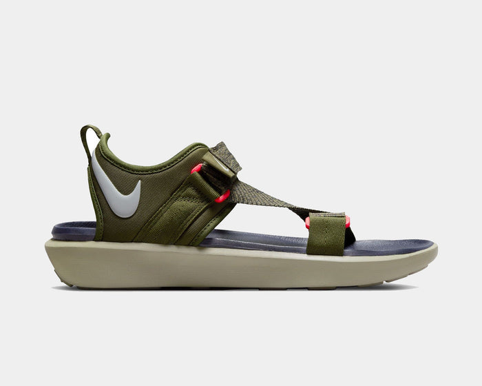 Nike Vista sandals in olive green with adjustable straps, pink accents, and white logo, side view showing cushioned sole.