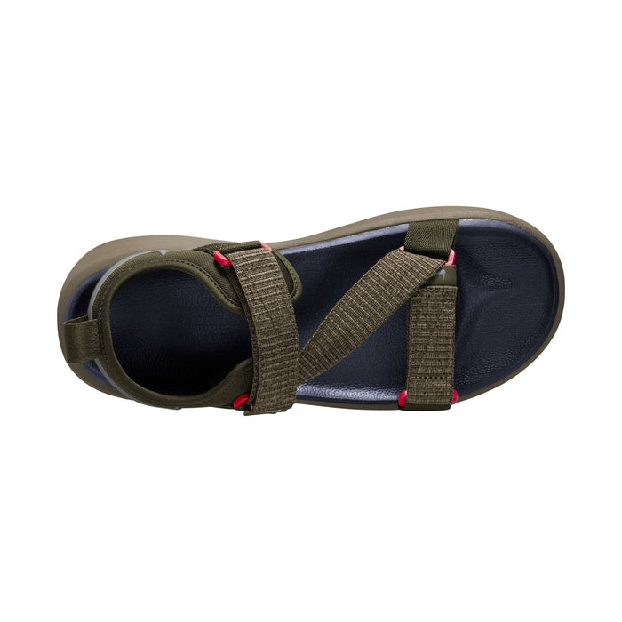 Nike Vista sandals in olive green with adjustable straps, red accents, and cushioned navy footbed, top view.