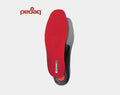 Pedag Viva Sport insoles with red fabric top layer and black arch support, designed for athletic use, top view.