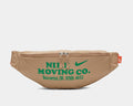 Nike Waist Pack in tan with green "Nike Moving Co." text and zippered compartments, front view.
