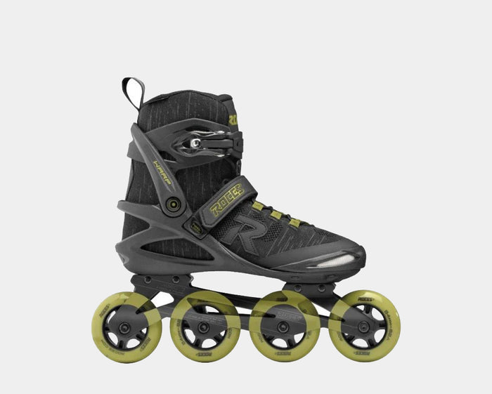 Roces Warp Thread Tiff inline skates in black with lime green wheels, durable mesh upper, and secure buckle closure, side view.
