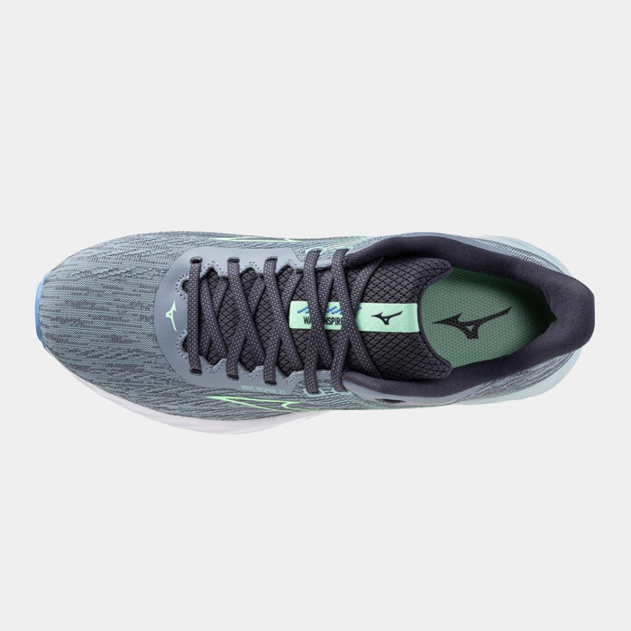 Mizuno Wave Inspire 21 running shoes top view in gray and green with breathable mesh upper and lace-up closure.