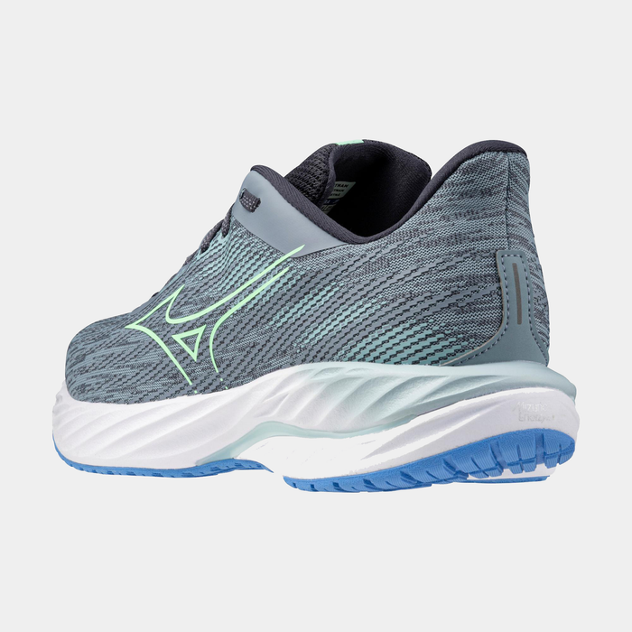 Mizuno Wave Inspire 21 running shoes in gray with light green accents, textured mesh upper, and foam midsole, back side view.