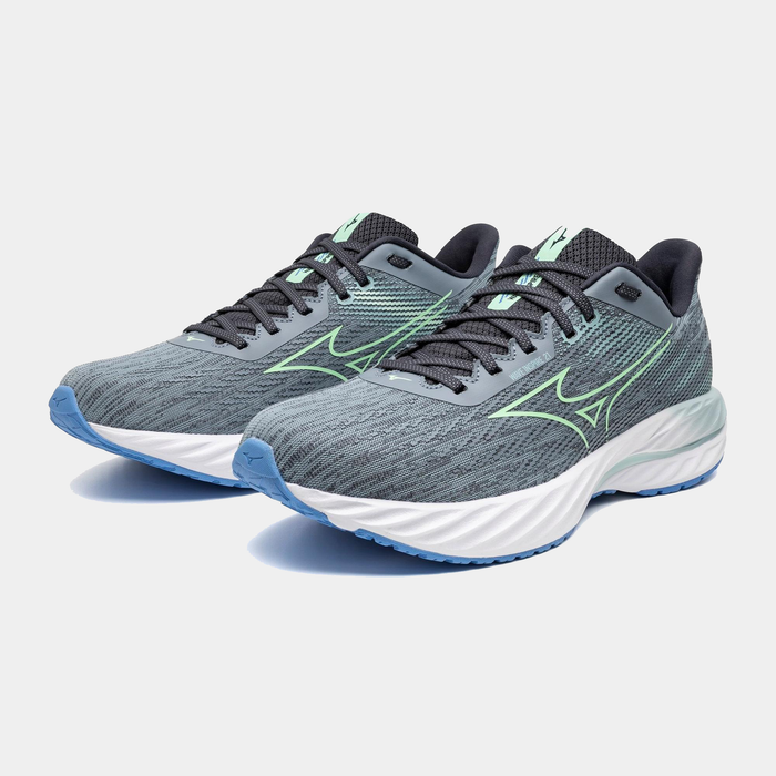 Mizuno Wave Inspire 21 running shoes with gray and blue mesh upper, lime green accents, cushioned midsole, and blue outsole, angled front view.