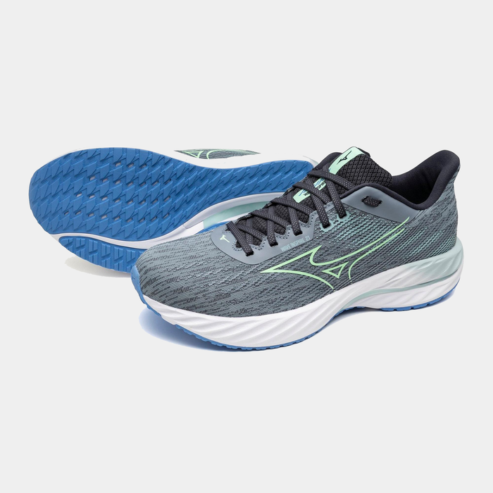Mizuno Wave Inspire 21 running shoes, gray mesh upper with mint green accents, white midsole, and blue outsole, angled view showing side and sole details.