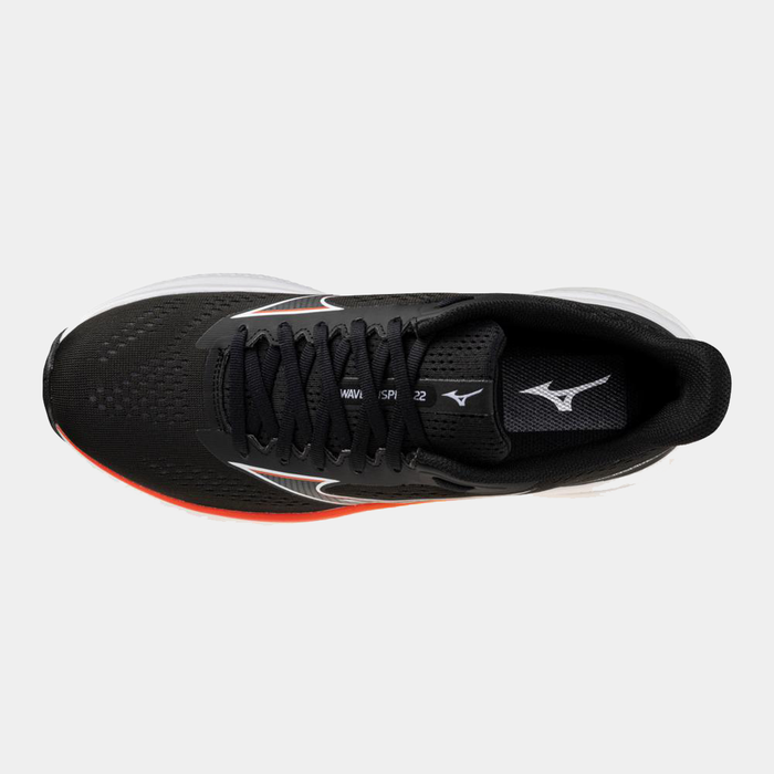 Mizuno Wave Inspire 22 running shoes top view with black mesh upper, orange midsole accents, and branded tongue detailing.