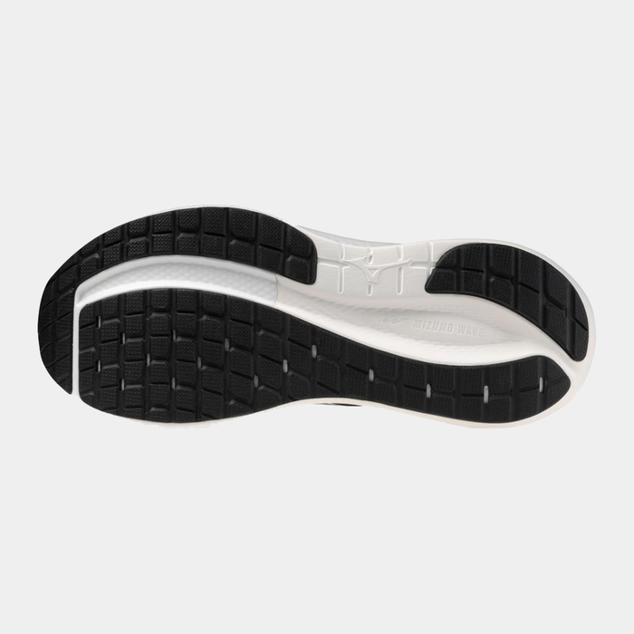 Mizuno Wave Inspire 22 running shoes outsole in black and white with durable tread and flex grooves, bottom view.
