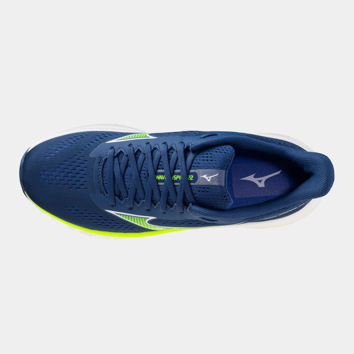 Mizuno Wave Inspire 22 running shoes top view in navy blue with breathable mesh upper, lime green accents, and secure lace system.