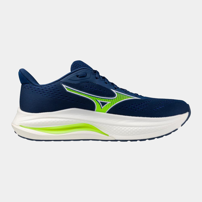 Mizuno Wave Inspire 22 running shoes in navy blue with lime green accents and cushioned white midsole, side view.