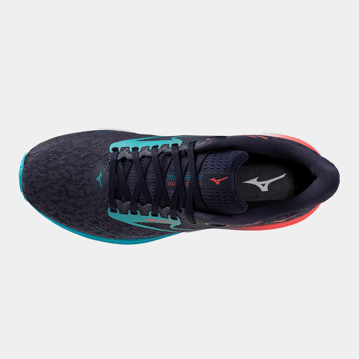 Mizuno Wave Rider 29 running shoes with navy blue mesh upper, teal accents, and lace system, top view.