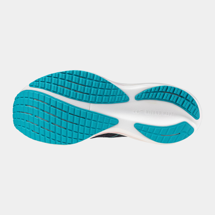 Mizuno Wave Rider 29 running shoes outsole with turquoise rubber tread and white midsole, bottom view.