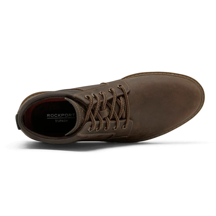 Rockport Weather or Not Waterproof Boot in brown leather with lace-up design and TruTech comfort system, top view.